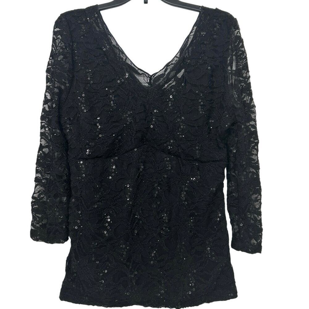 Boston Proper Black Lace Sequin V-Neck Top XL Made USA Y2K Evening Sheer Sleeves - Picture 1 of 11